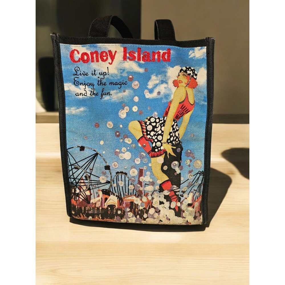 Vintage Coney Island Tote Bag With Retro Print & Sequin Accents EUC